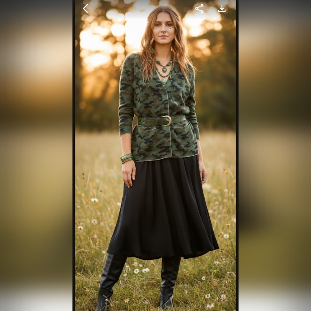 Aqua Cashmere Oversized Green Combo Camouflage Cardigan Sweater Women's Medium - Picture 3 of 16